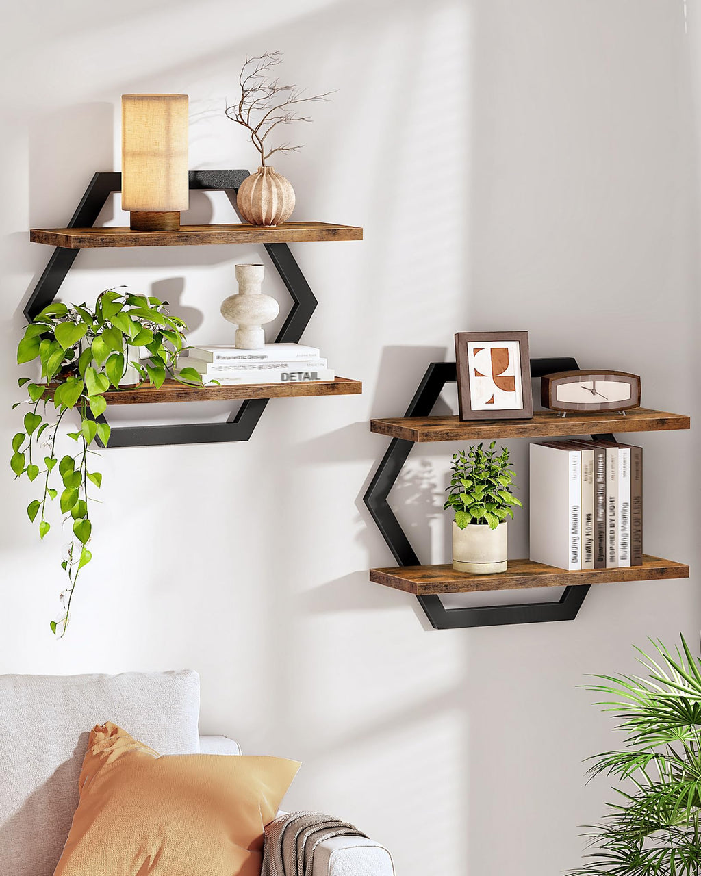 CHOEZON Hexagon Floating Shelves for Wall, Set of 2, 2 -Tier Hanging Shelves, Wall Mounted Storage Shelves, for Living Room, Bedroom, Kitchen, Home Office, Study, Rustic Brown and Black TBJ06P2BF