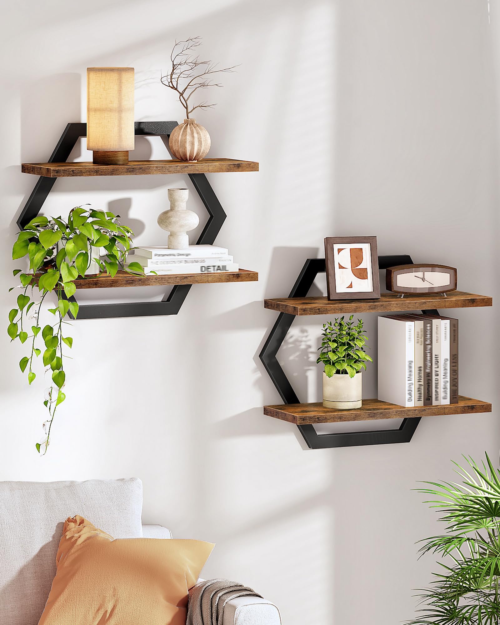 CHOEZON Hexagon Floating Shelves for Wall, Set of 2, 2 -Tier Hanging Shelves, Wall Mounted Storage Shelves, for Living Room, Bedroom, Kitchen, Home Office, Study, Rustic Brown and Black TBJ06P2BF
