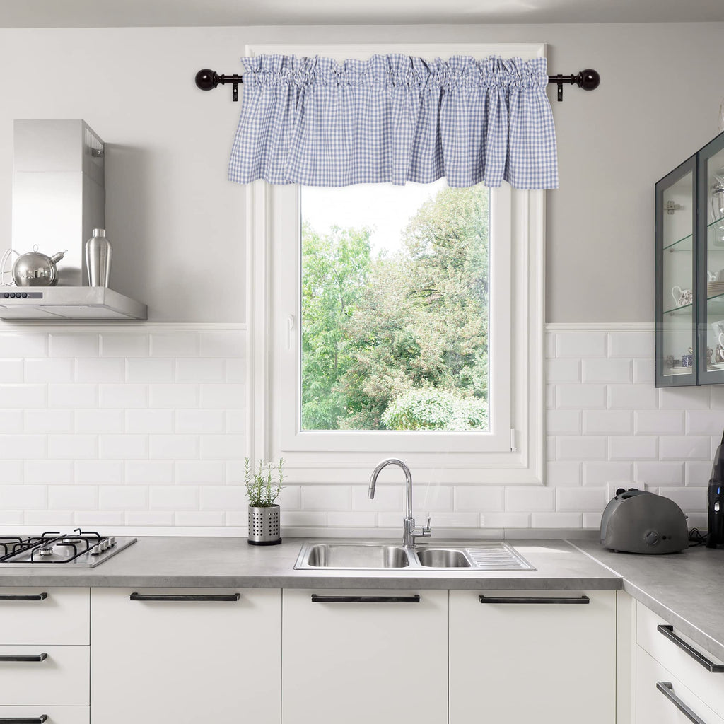 DII Window Valance Collection, 100% Cotton, Pre-Shrunk, Machine Washable, 2 Inch Curtain Rod Pocket, Single Panel, 72x14, Stonewash Blue Check