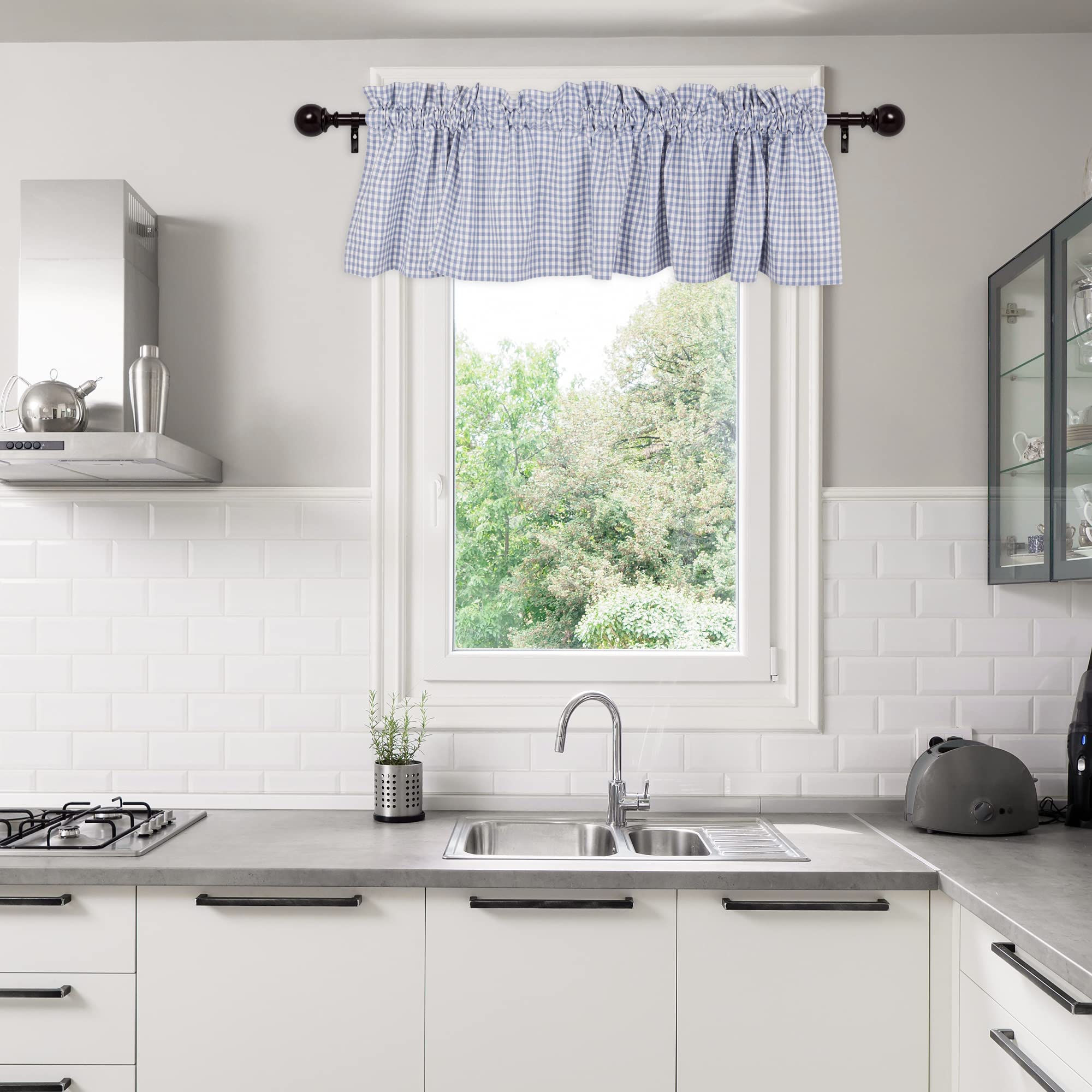 DII Window Valance Collection, 100% Cotton, Pre-Shrunk, Machine Washable, 2 Inch Curtain Rod Pocket, Single Panel, 72x14, Stonewash Blue Check