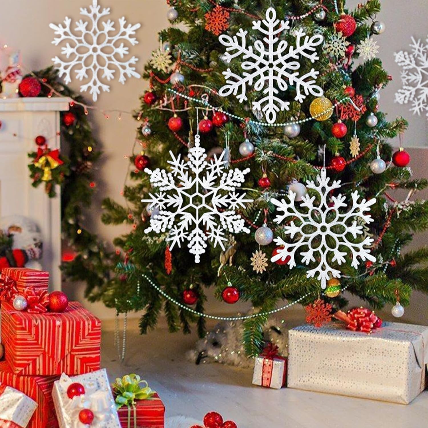 Skiennix 8Pcs Large White Snowflake Ornaments - 12'' Plastic Hanging Decorations for Winter Holiday Decor