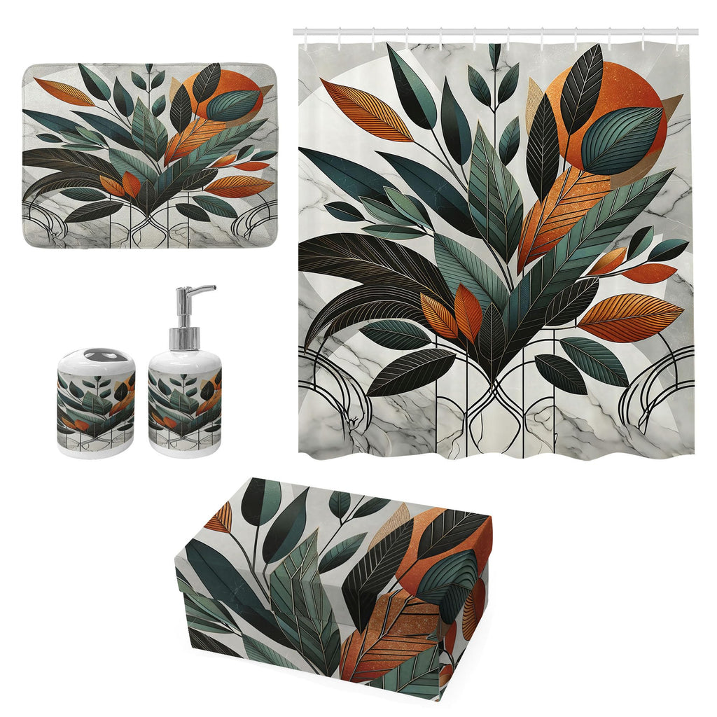 Ambesonne Boho Bathroom Decor Set 4 Pcs, Shower Curtain Bath Mat Soap Dispenser Toothbrush Holder in a Gift Box Essentials and Accessories, Mid Century Exotic Leaf, Orange Laurel Green Grey