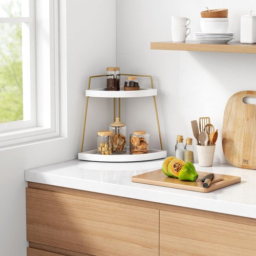 Forbena Bathroom Counter Organizer - 2-Tier Corner Shelf for Makeup & Skincare Storage | White & Gold