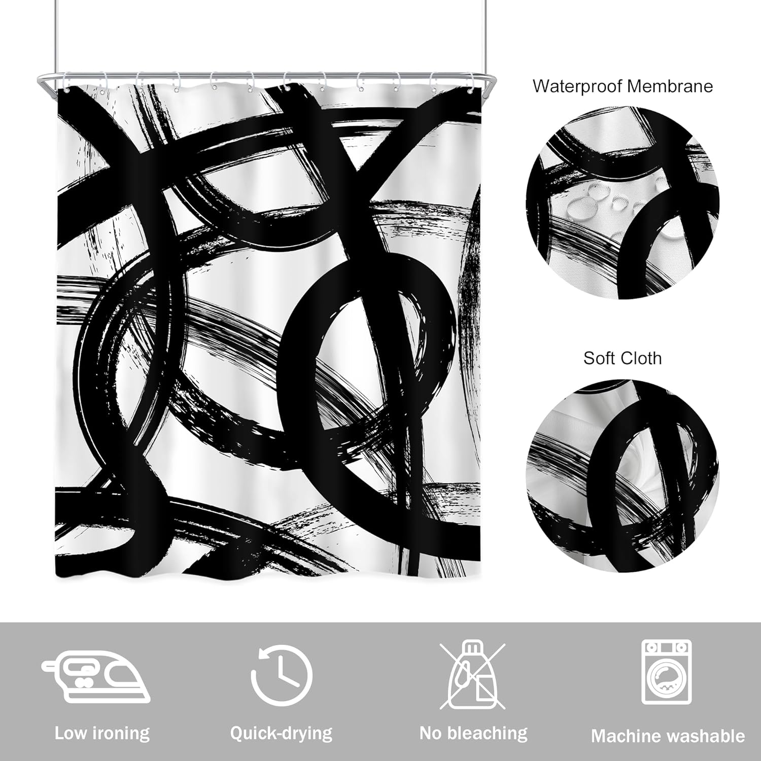 Newsely Black & White Abstract Shower Curtain - Modern Minimalist Design | 60" x 72" Waterproof Bath Decor