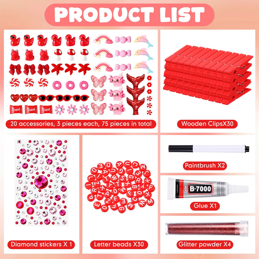 Youyole 50 Sets Cheer Pins Spirit Clips Include Wooden Clothes Pins Mini Resin Animals Bows Beads Letters Self Adhesive Stickers Pen for Cheerleaders Backpacks Christmas Gifts DIY Craft (Red)