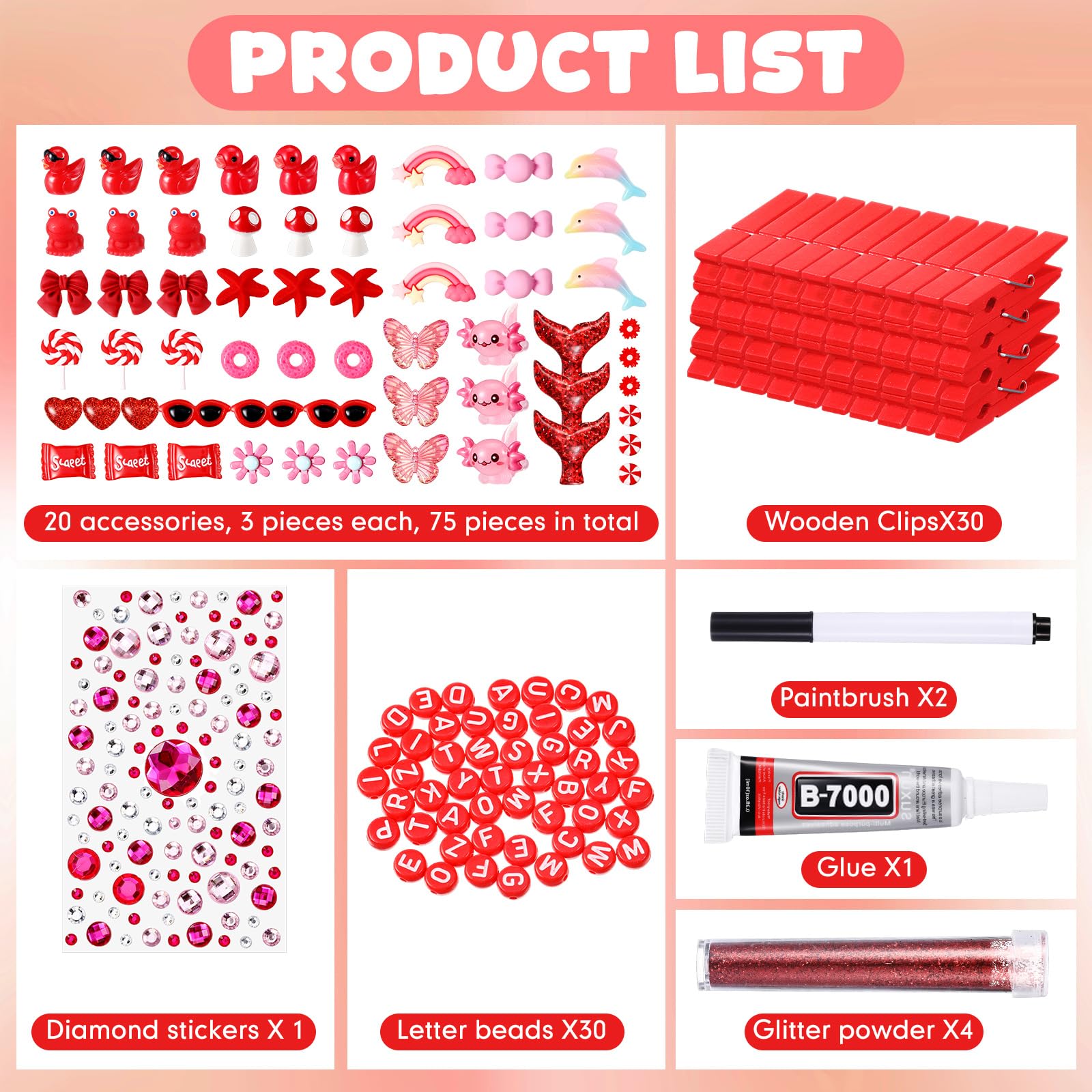 Youyole 50 Sets Cheer Pins Spirit Clips Include Wooden Clothes Pins Mini Resin Animals Bows Beads Letters Self Adhesive Stickers Pen for Cheerleaders Backpacks Christmas Gifts DIY Craft (Red)