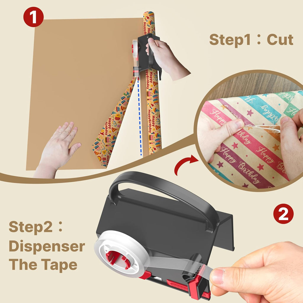 Wraprocut Wrapping Paper Cutter & Tape Dispenser - 2-Pack with 4 Tapes & 2 Replacement Blades for Easy Gift Wrapping