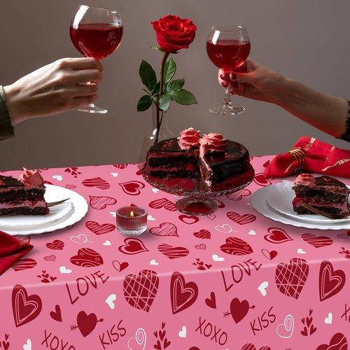 2 Pack Valentines Tablecloth, Disposable Romantic Love Tablecloths, 54" X 108" Plastic Valentines Decorations, Red Pink Galentines Decorations, Heart-shaped Table Cloths for Love Engagement Party