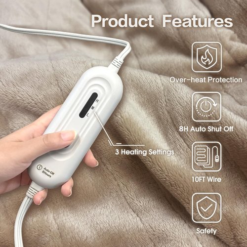 Tefici Electric Heated Blanket Twin,Super Cozy Soft 2-Layer Flannel 62" x 84" Heated Twin Size with 3 Heating Levels 8 Hours Auto Off, Machine Washable, ETL and FCC Certified, Home Office Use,Camel