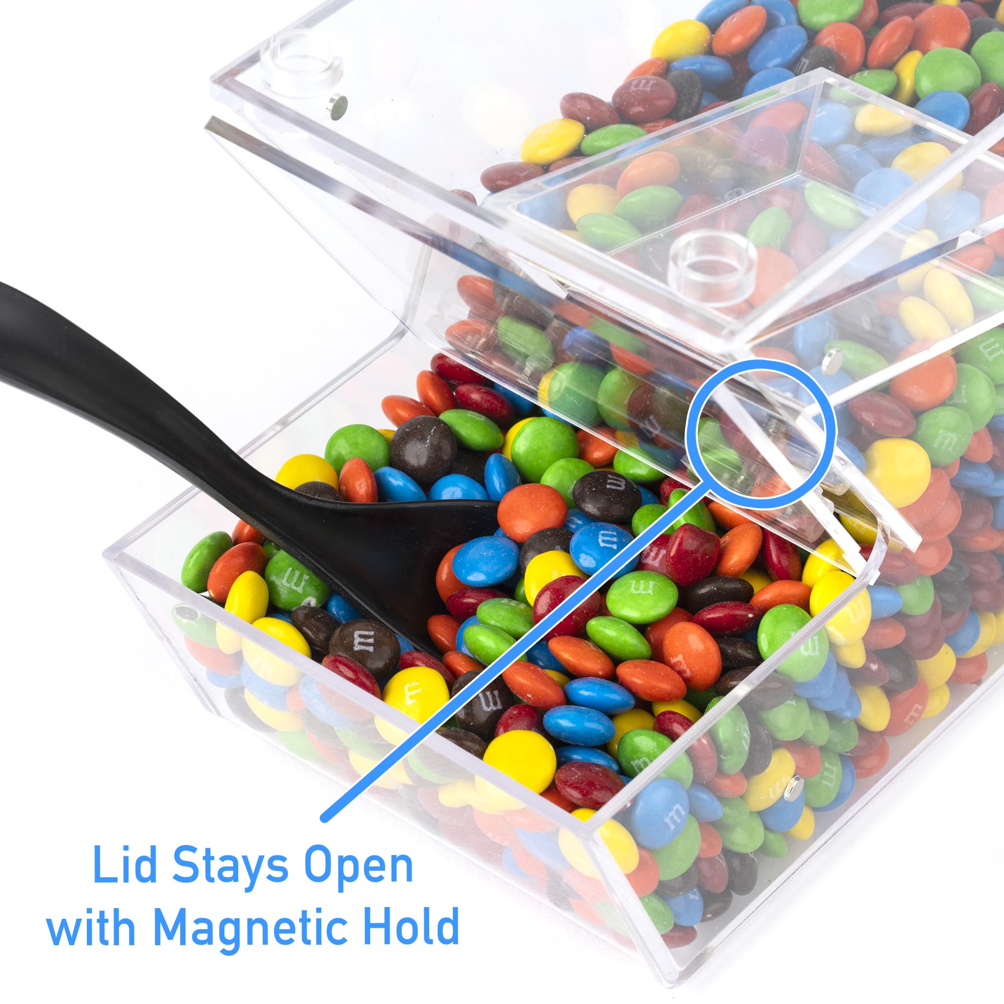 IneVibe Candy Bin Topping Dispenser - Acrylic Bulk Sprinkle Container w/Scoop, Stackable & Magnetic for Multiple Holders on Shelf - Commercial Setting for Cereal, Nuts, Candies & Snack Food Storage
