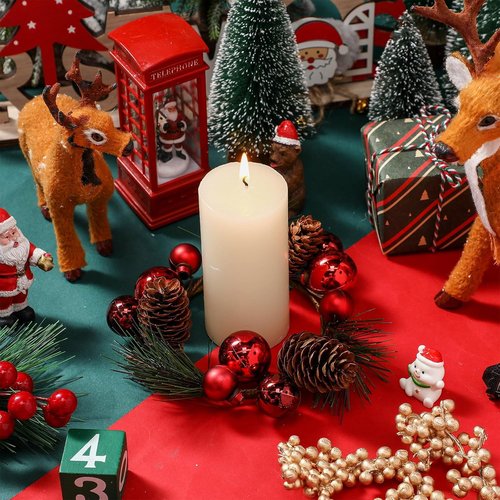 FoldTier Christmas Candle Rings - 4 Pcs Red Berries & Pine Needles Garland | Rustic Table Centerpieces