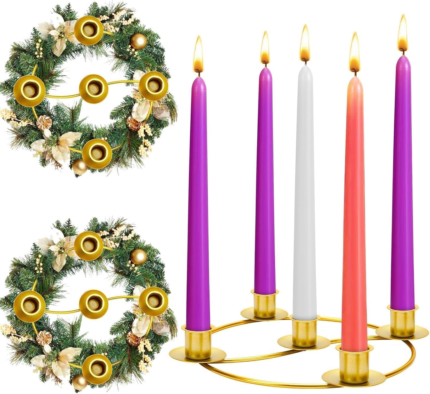 Regine Switzerland 2 Pack Christmas Advent Wreath Candle Holders - Gold Metal Centerpiece for Holiday Decor
