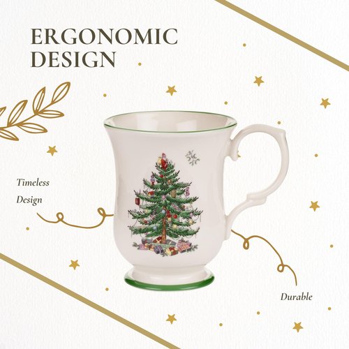 Spode Christmas Tree Footed Mug - 12 Oz Festive Mug for Coffee, Hot Cocoa, Lattes - Romantic Shape with Santa Design, Porcelain Mug - Dishwasher, Microwave, & Freezer Safe, Gift-Boxed (Set of 4)