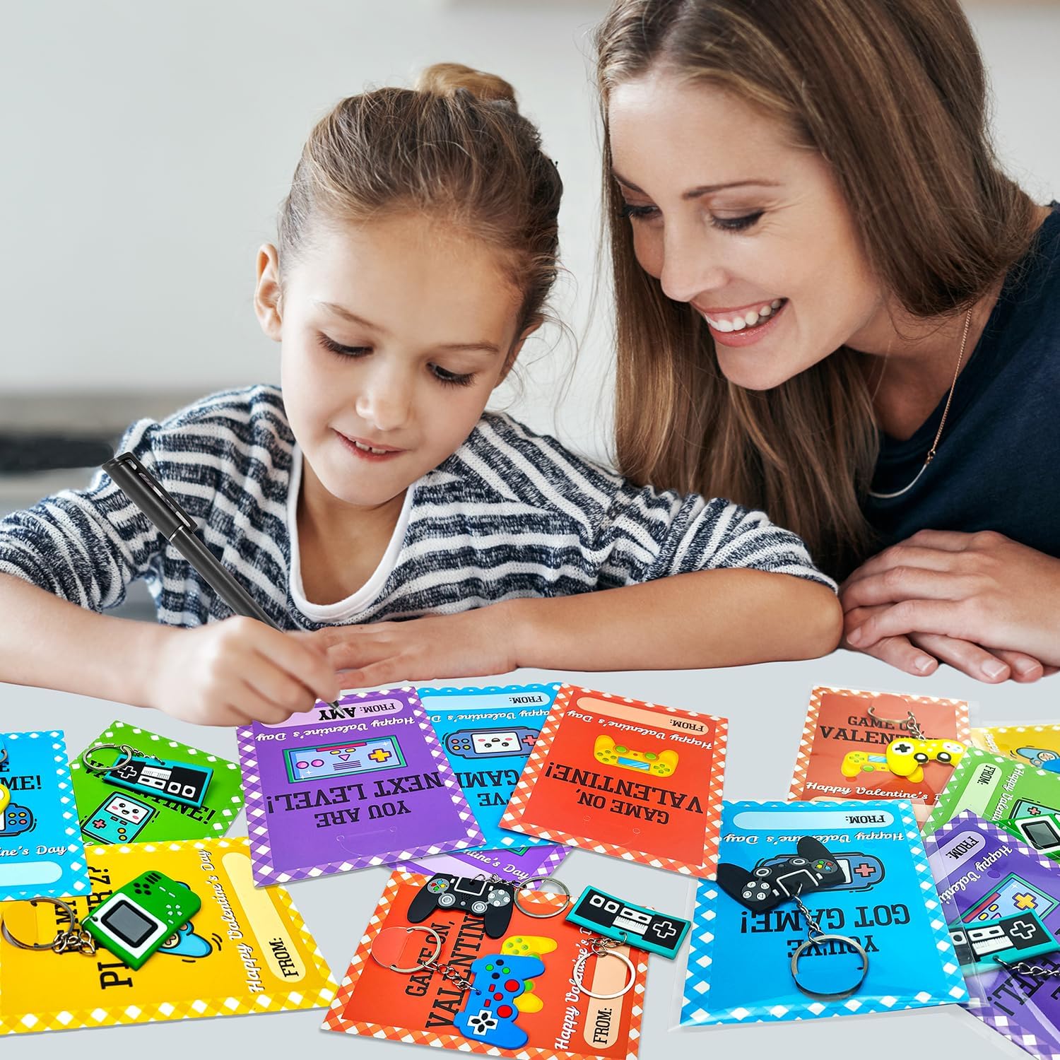 Skiennix Bulk Valentine's Day Cards - 48 Pack Video Game Keychains | Classroom Exchange Gifts for Kids