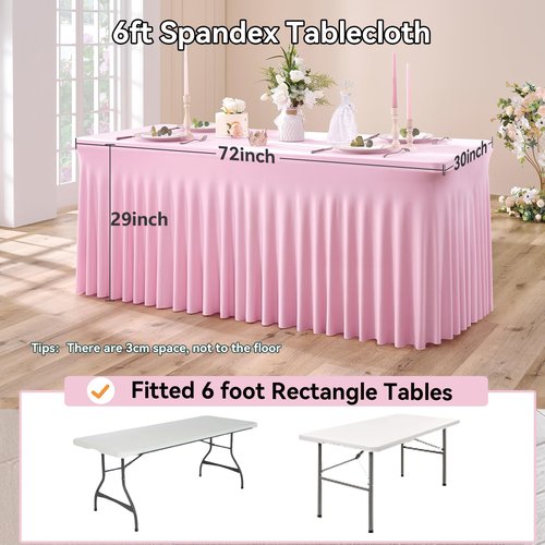 NSSONBEN 4 pk Baby Pink Spandex Tablecloth 6ft with Ruffle Table Skirt, Wrinkle Free Stretchy Fitted Tablecloths for 6 Foot Rectangle Tables, Elastic Spandex Table Covers for Weddings Parties Banquet