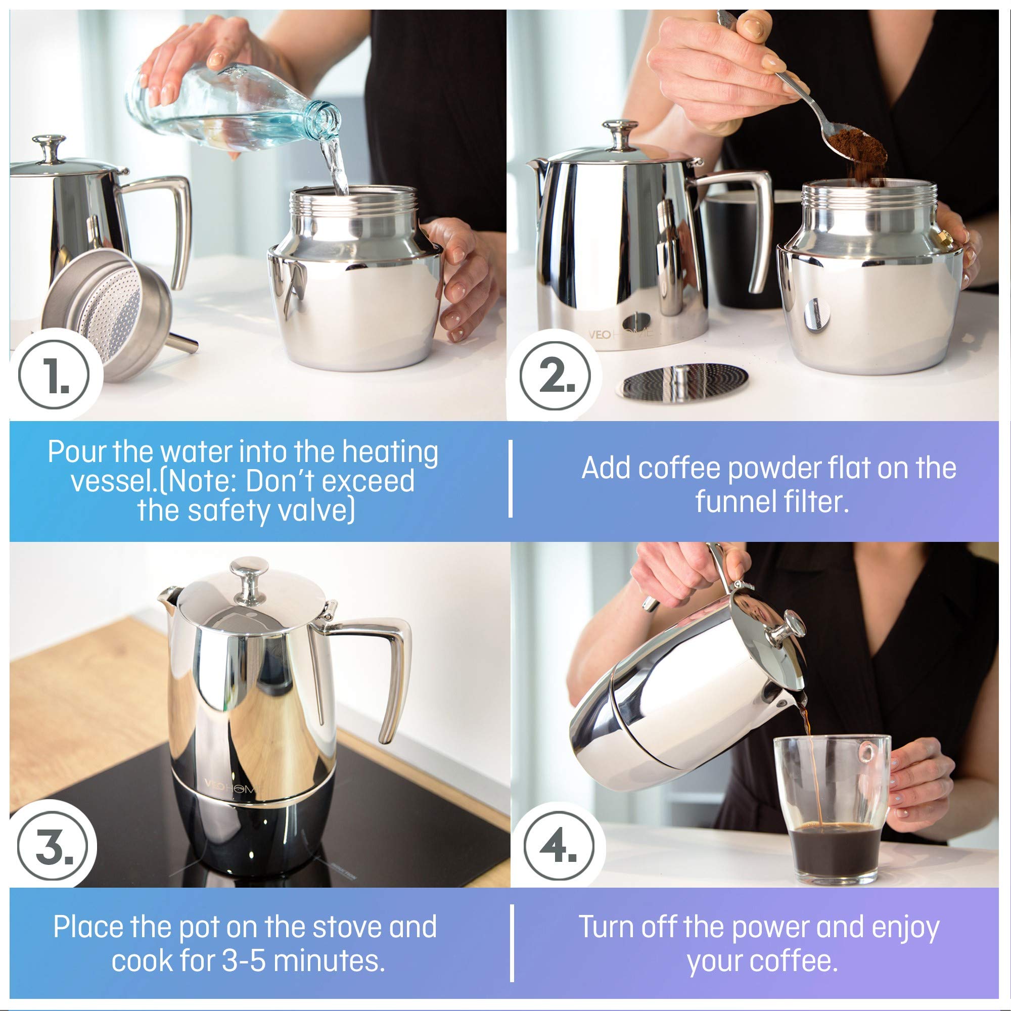 VeoHome Stovetop Espresso Coffee Maker - 10 Cups 500ml Multi-Stove Stainless Steel Induction Moka Pot - Unbreakable and Dishwasher-Safe Italian Style Caffe Machine