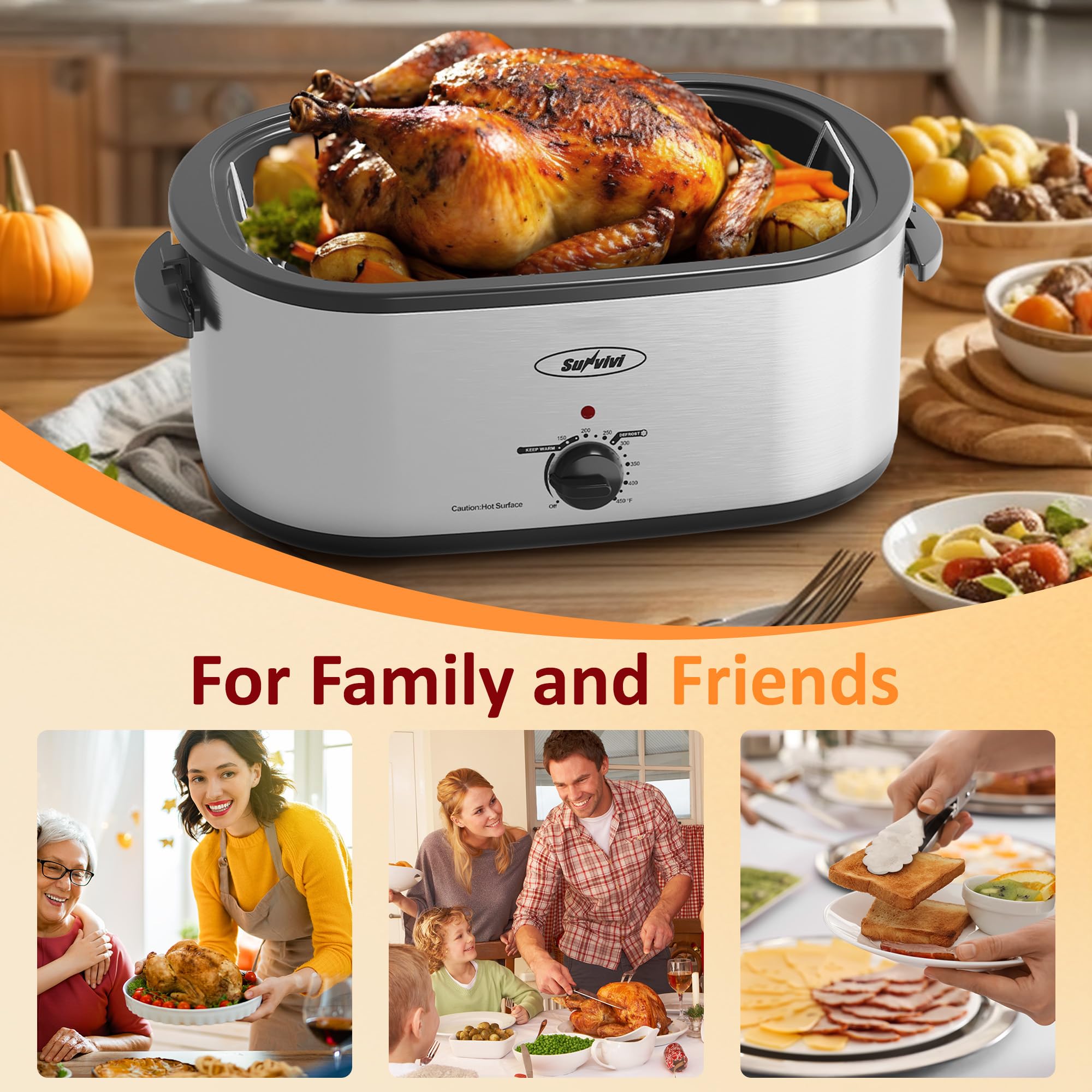 Sunvivi Roaster Oven, 24 Quart Electric Roaster Oven with Glass Lid, Turkey Roaster Buffet with Self-Basting Lid, Removable Pan, Cool-Touch Handles, Dark Blue
