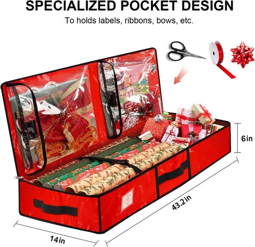 HikooLSS Wrapping Paper Organizer - Durable Underbed Storage for 24 Rolls | Red 43.2" with Pockets