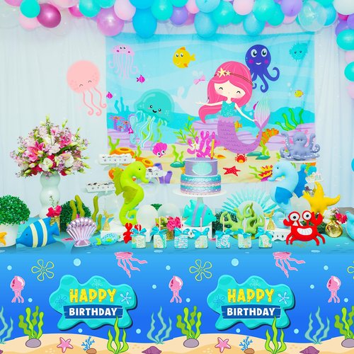 Denwiller 3 Pcs Blue Ocean Birthday Party Tablecloth Decorations, Disposable Happy Birthday Table Cover Blue Ocean Jellyfish Seaweed Tablecloth for Rectangle Table Baby Shower Party Supplies, 108x54”