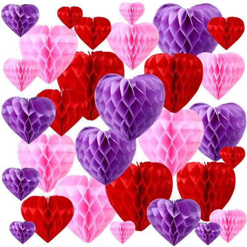 Seajan 30 Pcs Heart Honeycomb Party Decorations Pink Red Light Purple Tissue Paper Heart Shaped Pom Poms Decoration Valentine Hanging Decorations for Birthday Wedding, 5 Size
