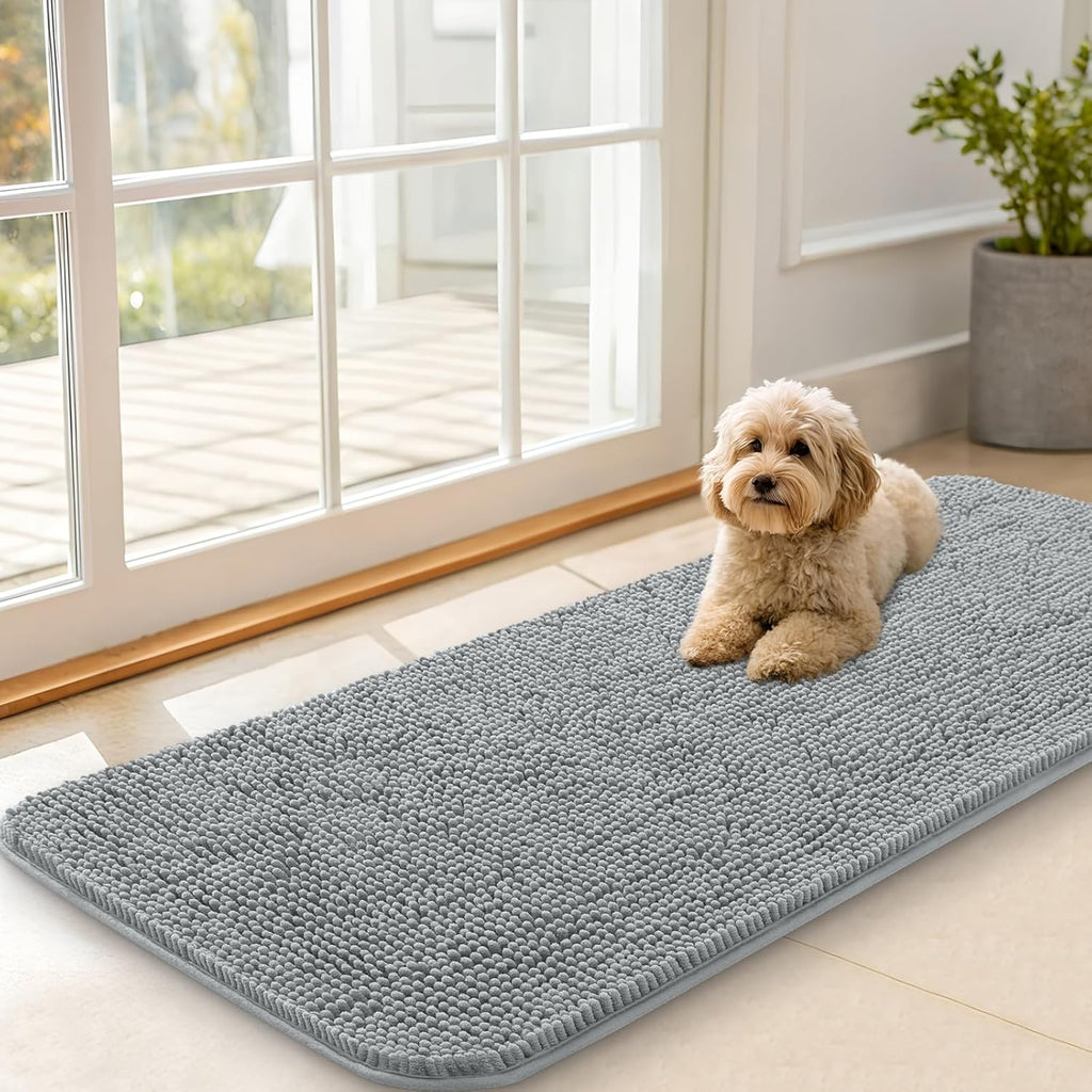 OLANLY Dog Door Mat - Absorbent Non-Slip Chenille Mat for Muddy Paws | 47x20 Inches, Grey