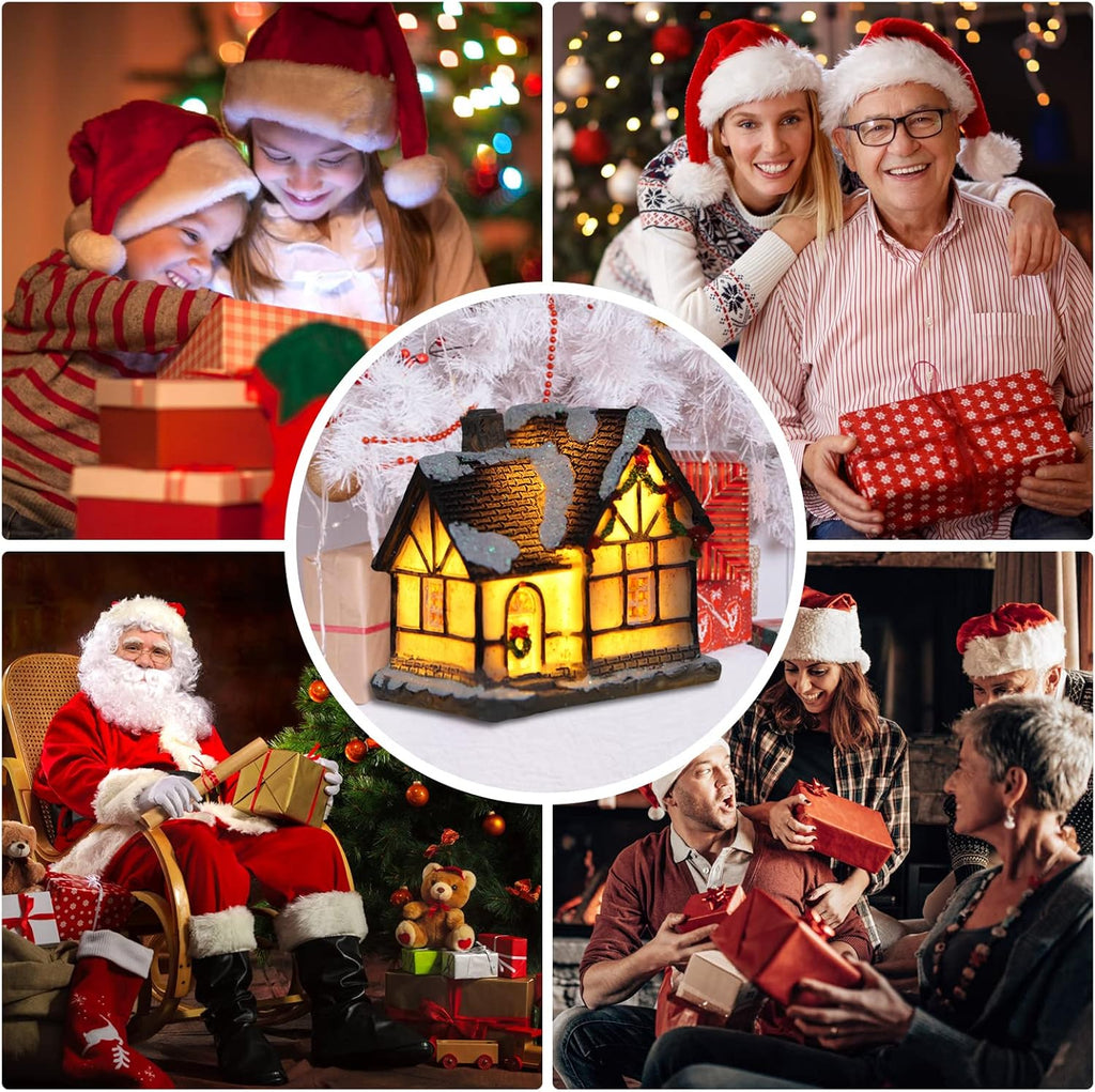 Skiennix 4 Pcs Small Christmas Village House Set - Resin Collectible Buildings with LED Lanterns for Holiday Table Decor