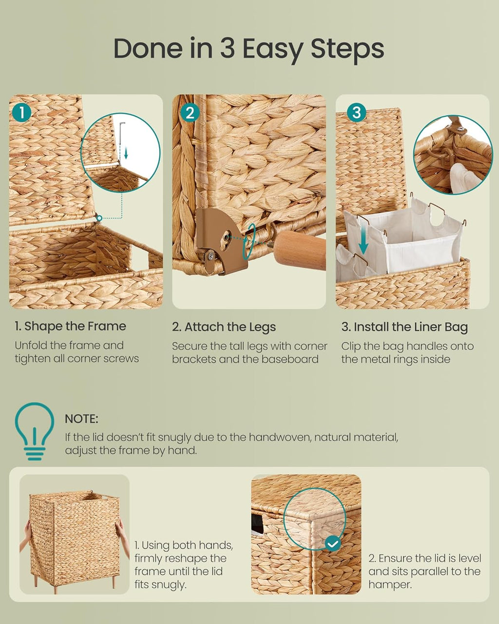 SONGMICS Laundry Hamper - 34.3 Gal Handwoven Water Hyacinth Wicker Basket with Lid & Washable Liners