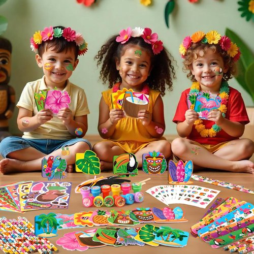 BenLouis 108Pcs Hawaiian Luau Party Favors Aloha Summer Tropical Tiki Theme School Stationery Set Bulk for Kids Beach Pool Birthday Party Goodie Bag Stuffers Classroom Gifts Rewards Pinata Filler
