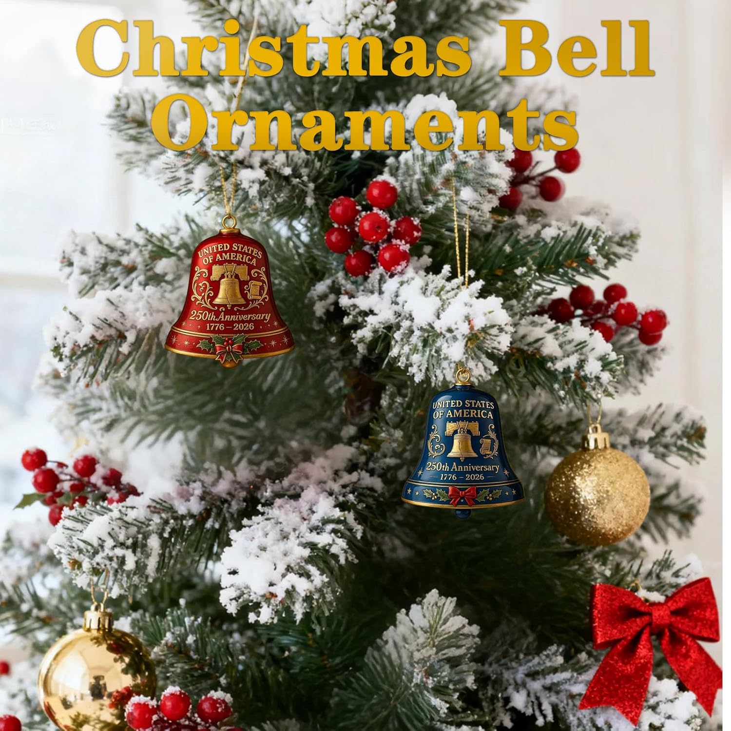 USA 250th Anniversary Bell Ornament - 3D Vintage-Style Metal Decor for Patriotic Holidays | 2PCS Red & Blue
