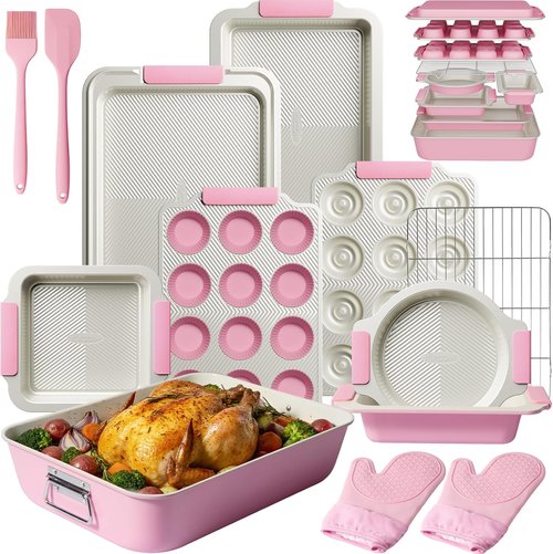 Kikcoin 25 PCS Non-Stick Baking Pans Set - Heavy-Duty Silicone Handles | Oven Safe to 450°F, Pink