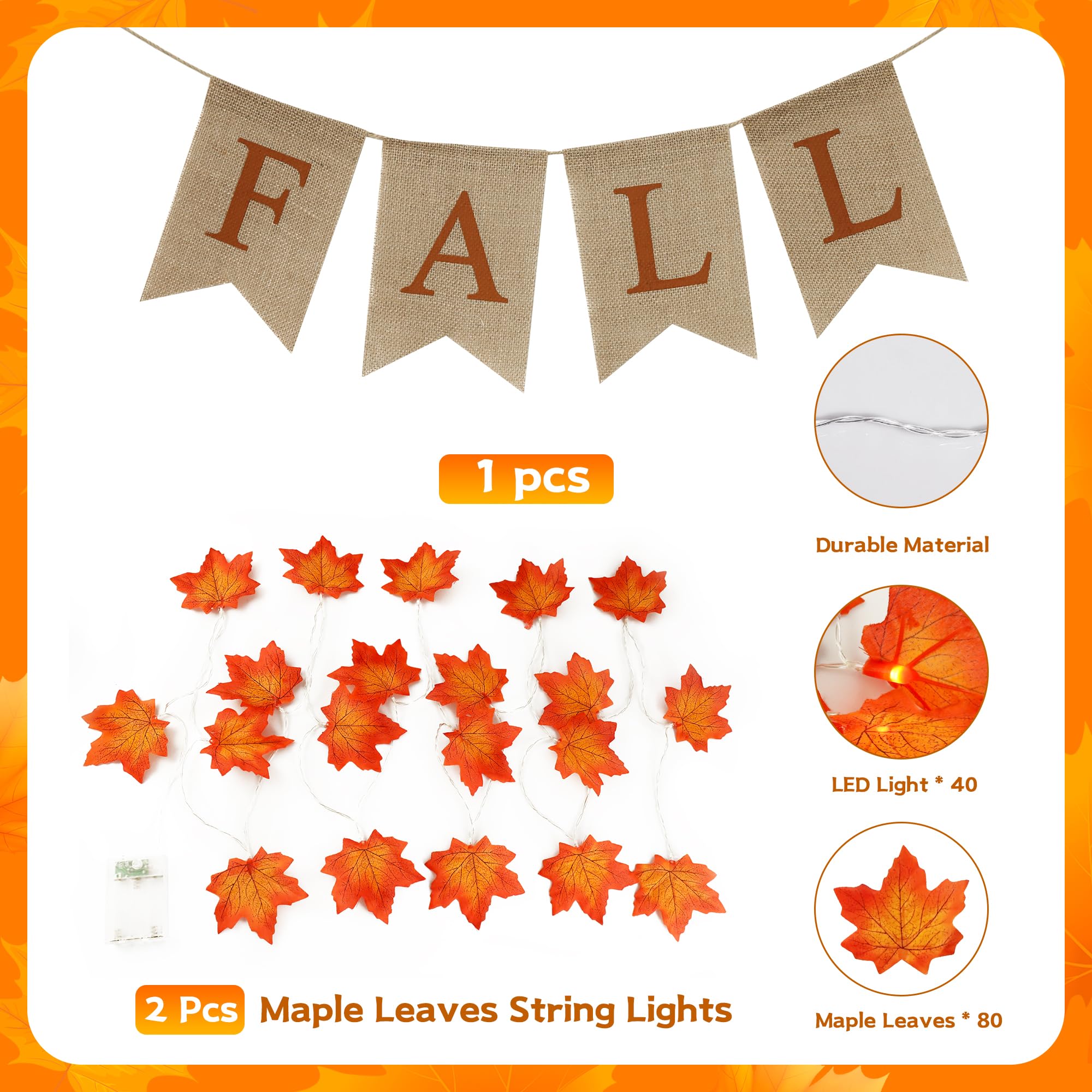 20FT Fall Decor - 2 Pack Fall Leaves Garland with Lights Banner Fall Decorations for Home Fall Room Door Porch Decor Autumn Halloween Thanksgiving Decortions for Mantle Kitchen Office Indoor Outdoor
