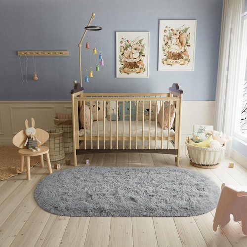 LOCHAS Gray Fluffy Shaggy Area Rug - Soft Oval Throw Rug for Bedroom & Nursery | 2.6' x 5.3'