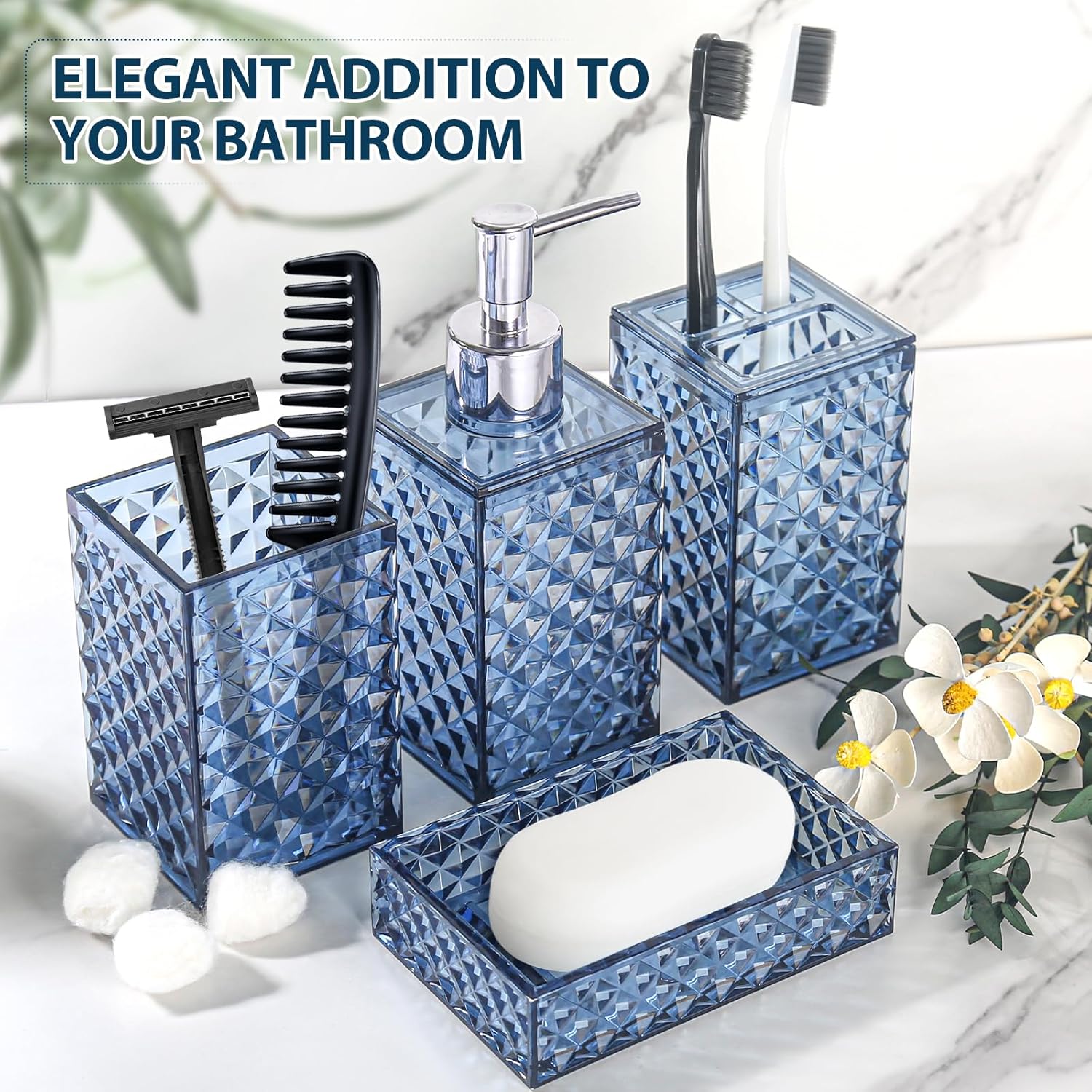 RYTOXILO Bathroom Accessories Set - 4 Pack Blue Acrylic Bath Essentials | Diamond Soap Dispenser & Toothbrush Holder