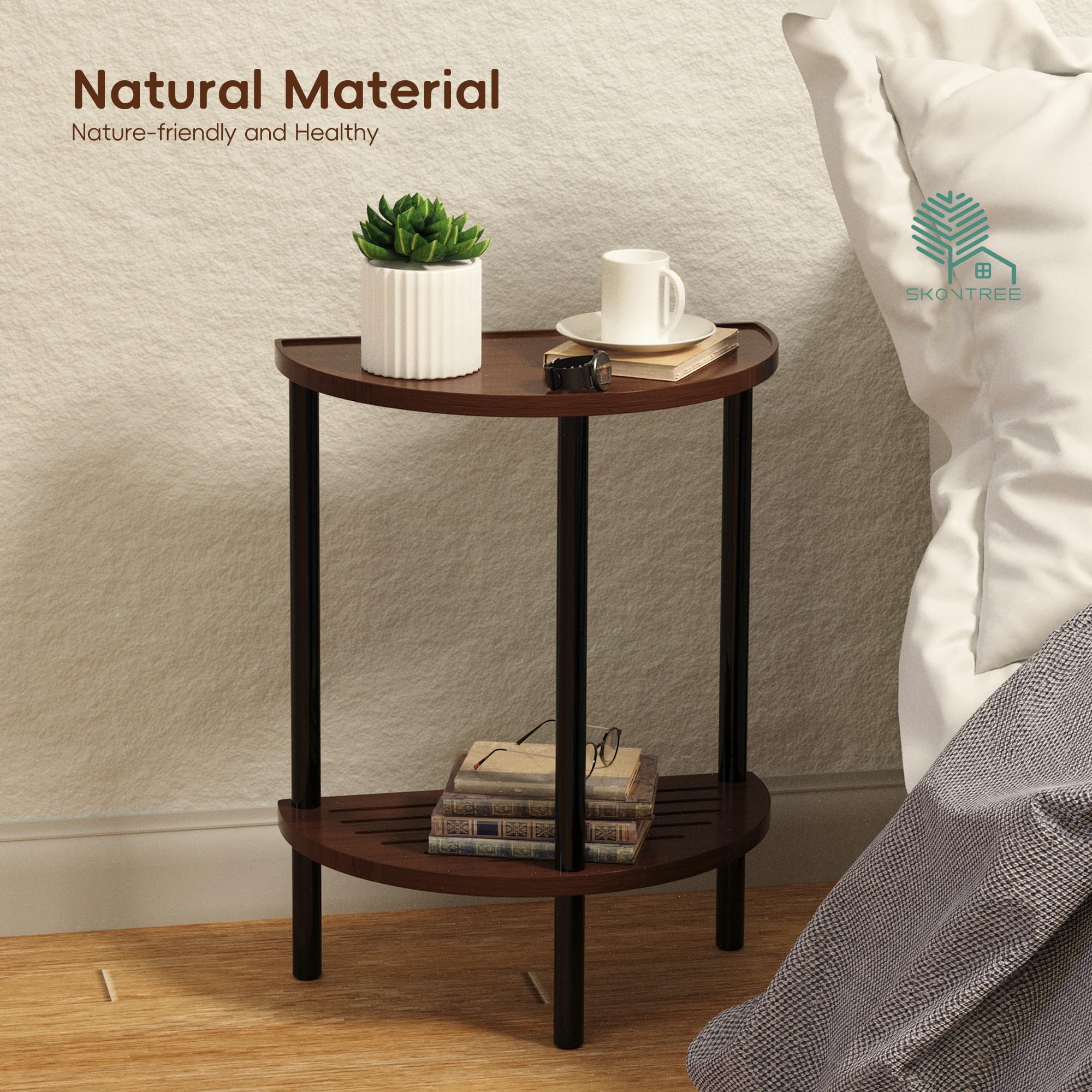 Skovtree End Table, Half Moon Side Tables, Living Room Half Round 2 Tier Tables, NightStand for Small Space in Living Room Bedroom, Couch Tables with Storage Shelf, Boho Side Table (Brown)