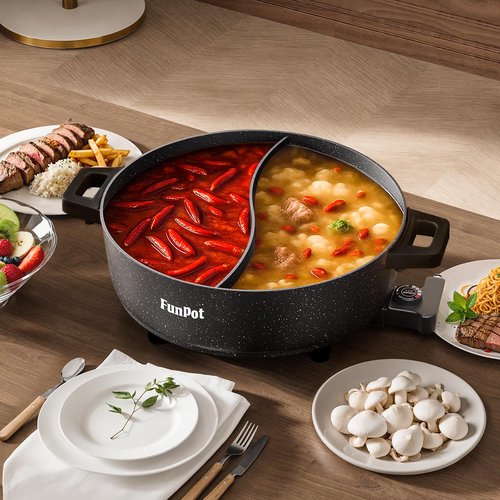 6L Electric Hot Pot with S-Shape Dual-Divider, Smart Temperature Control, 5 Heat Settings, 1350W Fast Boiling, Diamond Nonstick Pot (Black Hollow Handles)