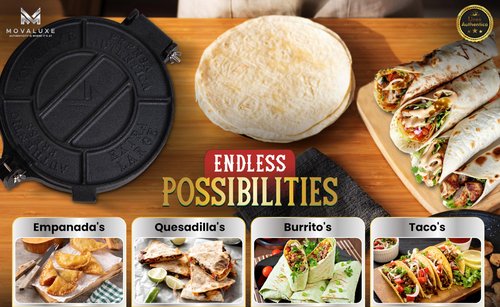 Movaluxe® Linea Authentica 10-Inch Heavy Duty Cast Iron Tortilla Press – Premium Corn & Flour Tortilla Maker System with Warmer Pouch, Taco Holders, Parchment Paper & Essentials