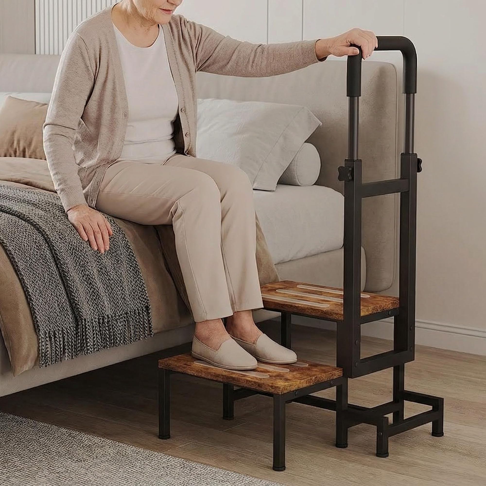 VonDream 2-Tier Bed Step Stool with Adjustable Handrails for High Beds