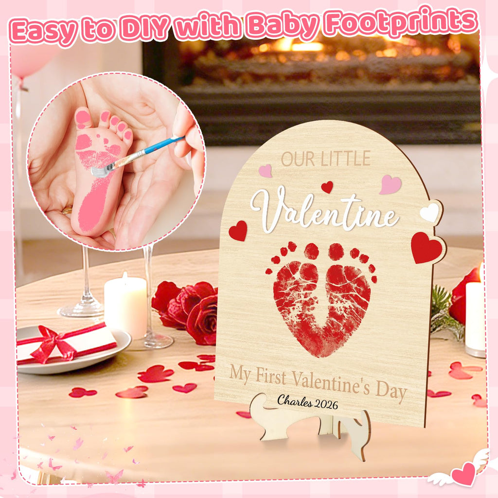 Sereliy Baby's First Valentine's Day DIY Footprint Art Card, Our Little Valentine Wood Sign Milestone Keepsake Ornaments for Baby Shower Newborn Photoshoot Prop (Word)