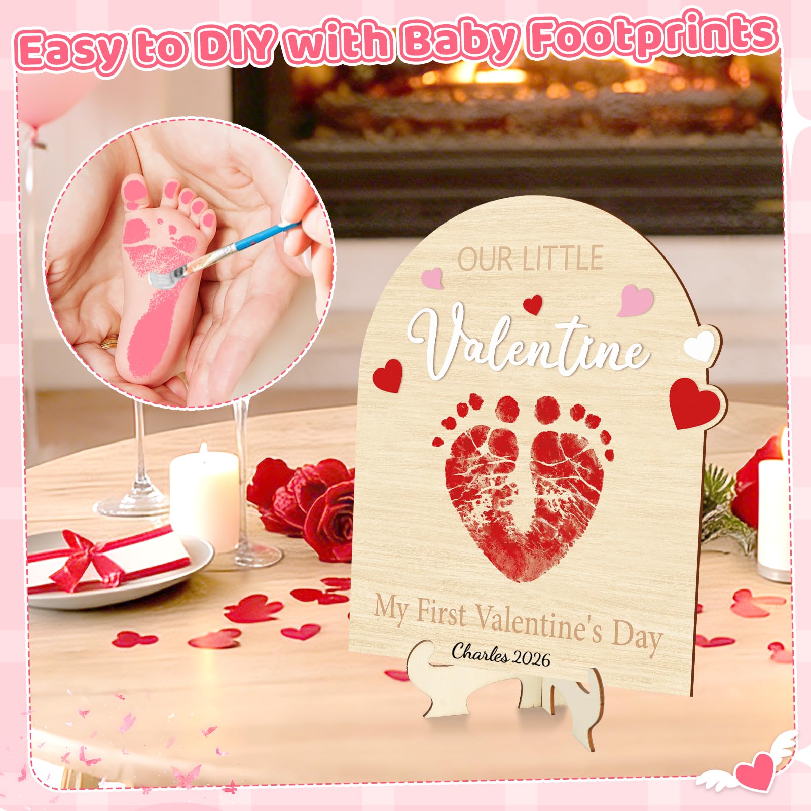 Sereliy Baby's First Valentine's Day DIY Footprint Art Card, Our Little Valentine Wood Sign Milestone Keepsake Ornaments for Baby Shower Newborn Photoshoot Prop (Word)