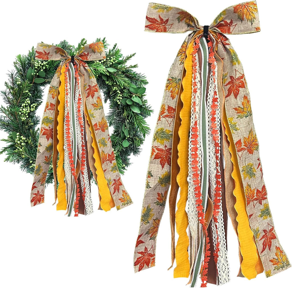 Skiennix Large Fall Ribbon Bow - Assorted Orange Maple Leaves Fabric Ribbons for Thanksgiving Decor