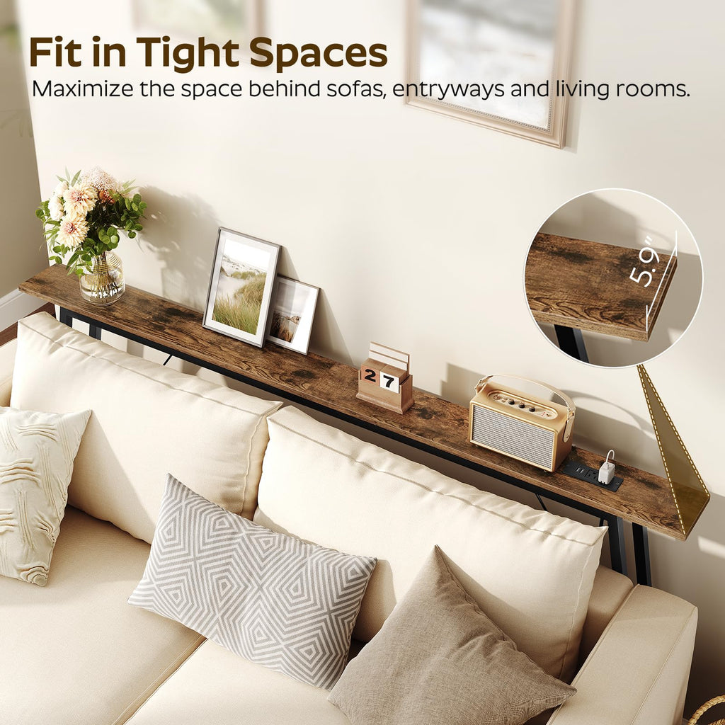 YATINEY 70.9" Couch Table Behind Sofa, Narrow Console Table with Outlet, Skinny Sofa Tables Narrow Long, Long Entryway Tables for Hallway, Entryway, Living Room, Rustic Brown and Black CT185UBR