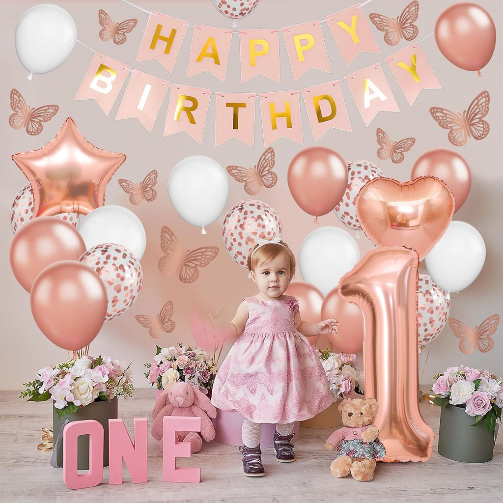Rose Gold 1st Birthday Decoration Set | 1st Birthday Balloon with Butterfly Stickers & Foil Balloons