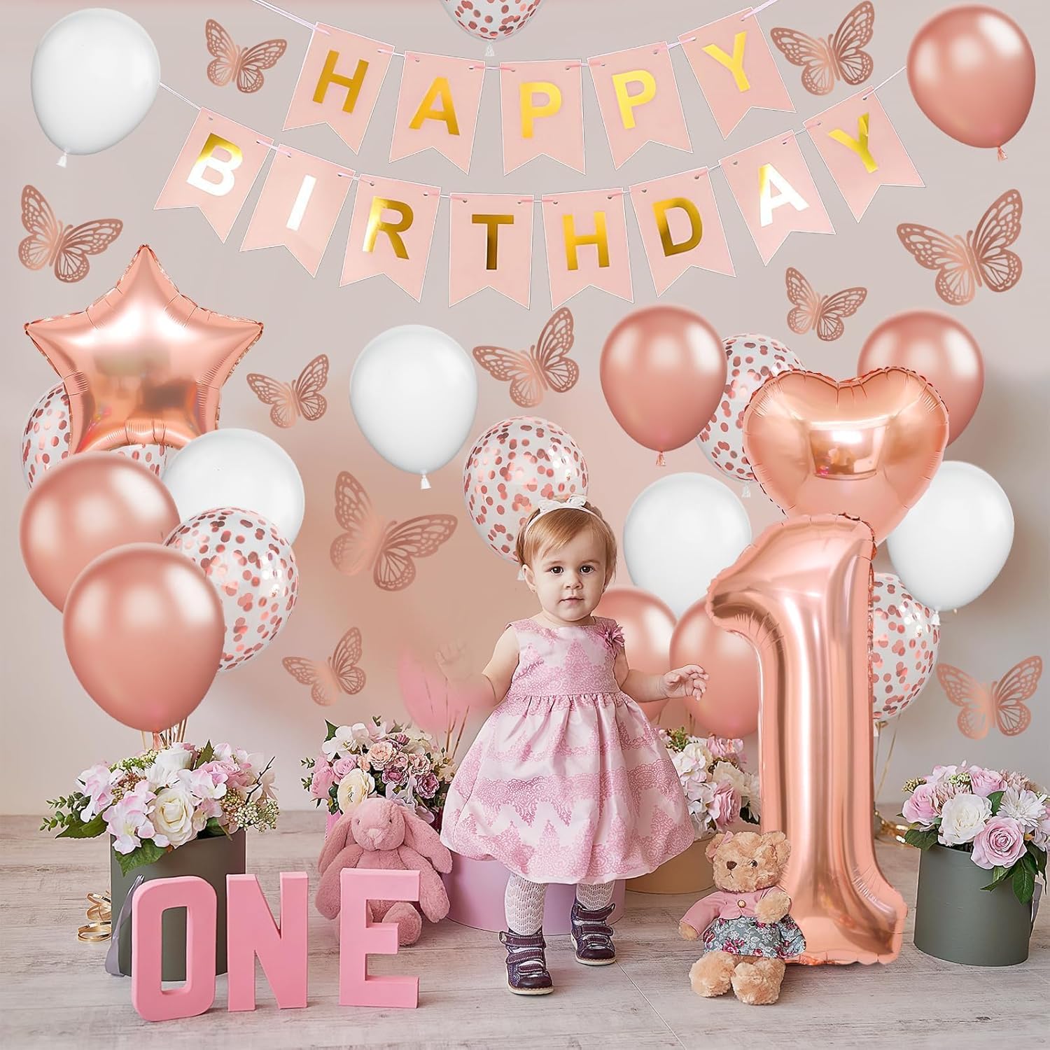 Rose Gold 1st Birthday Decoration Set | 1st Birthday Balloon with Butterfly Stickers & Foil Balloons