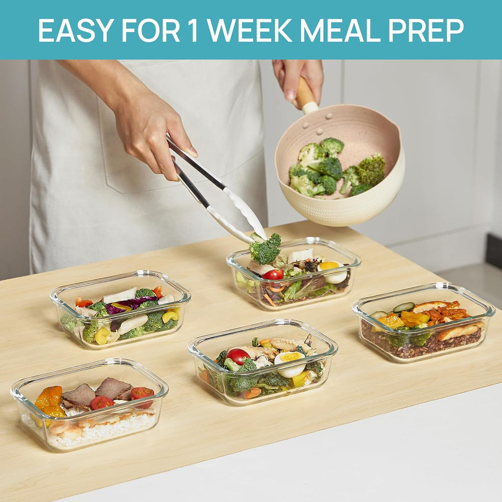 Vtopmart 22oz Glass Storage Containers - 5-Pack Meal Prep Set with Airtight Snap Lids | Microwave & Dishwasher Safe, Grey