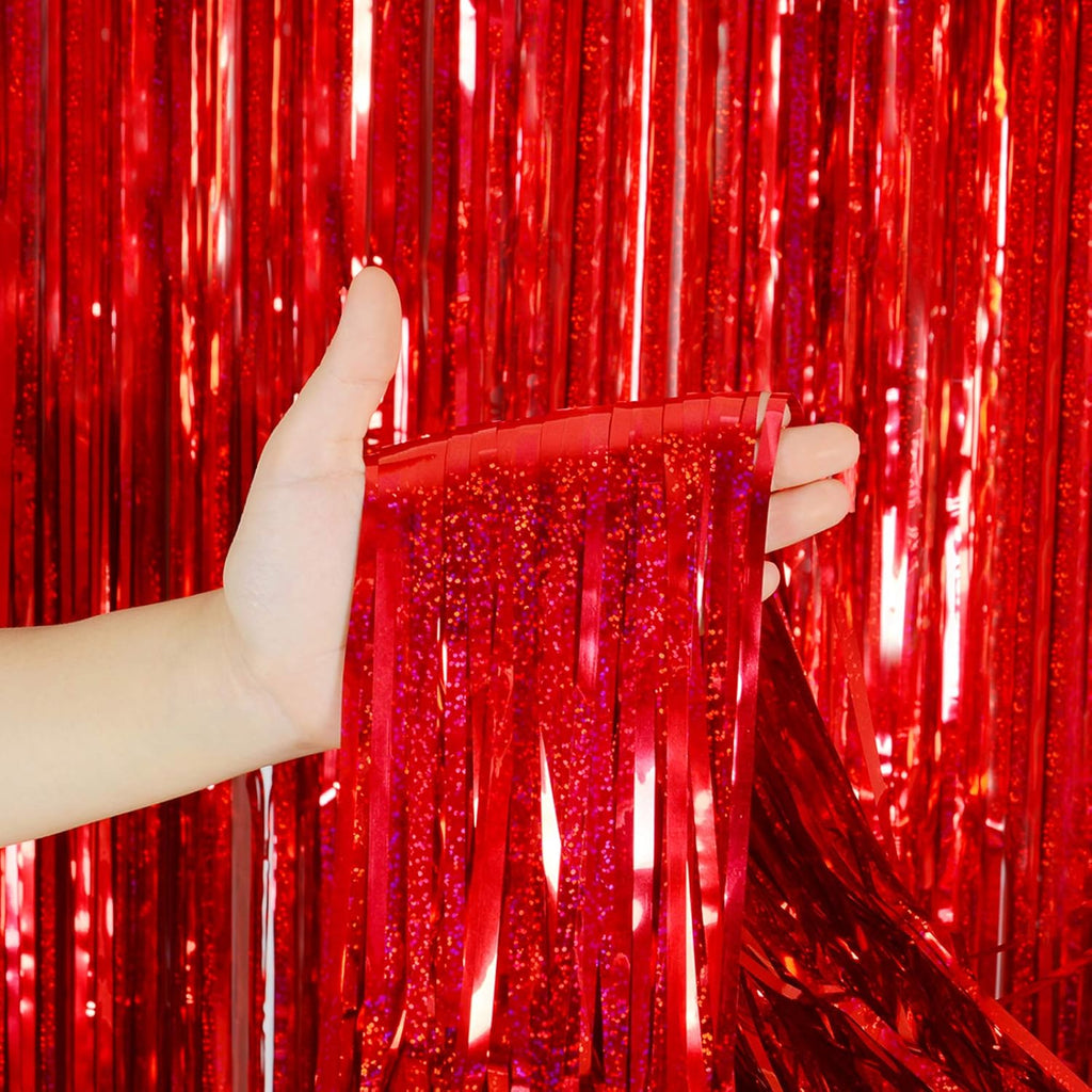 Red Foil Fringe Curtain | Shiny Tinsel Backdrop for Birthday Parties & Photo Booths - 3 Pack, 3.2 x 8.2 ft