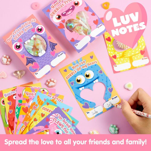 JOYIN 72 Pcs Valentines Day Gifts Cards of Monster Designs with Bags, Valentine’s Horrow Greeting Cards Candy Holder Cards for Kids, Classroom Exchange Cards Party Favors(Candy Not Included)