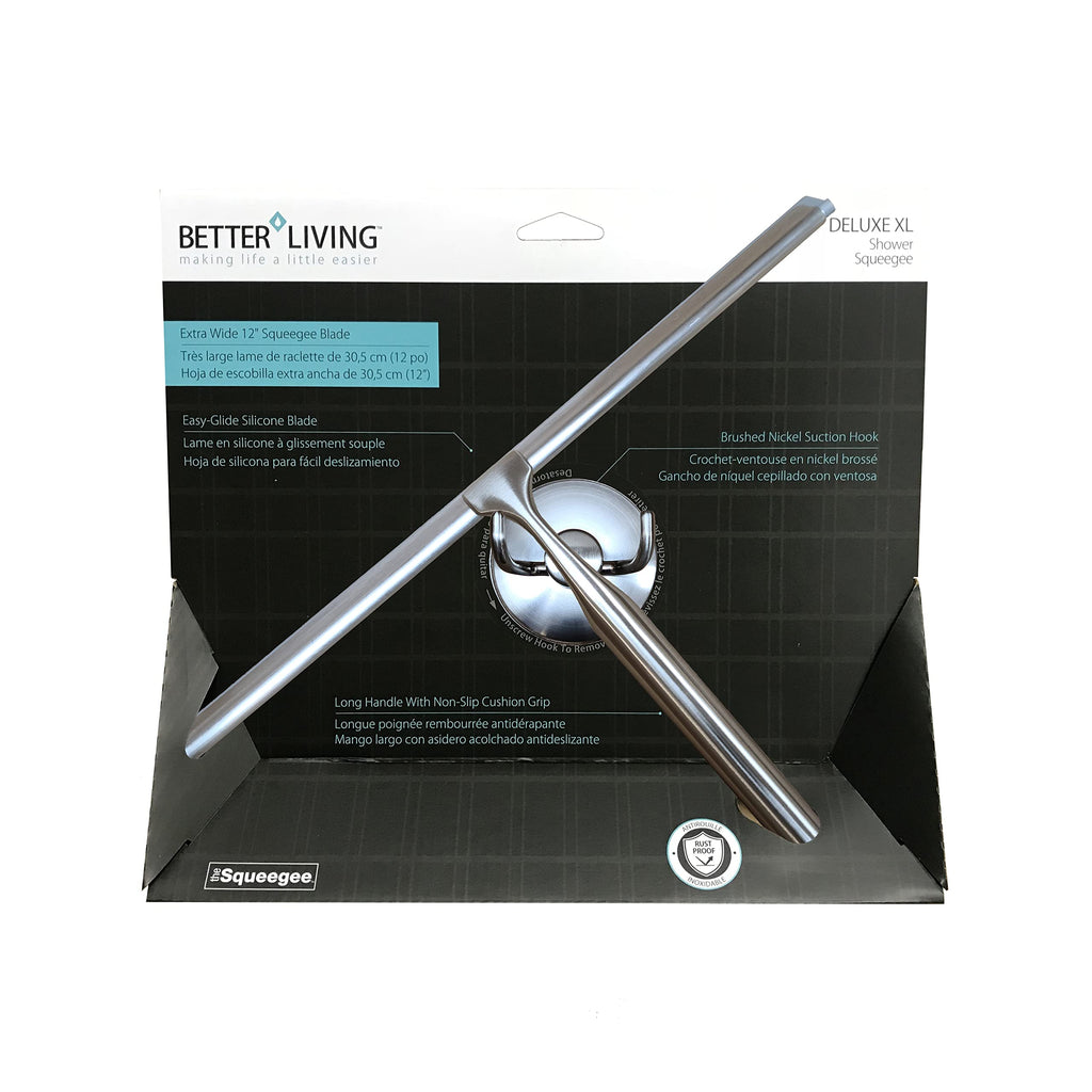 Better Living Deluxe XL Shower Squeegee, Multi-Purpose Silicone Squeegee Blade with Storage Hook, Rust-Proof Heavy Duty Window, Glass, Shower Scrubber, Windshield Wiper, 12", Brushed Nickel