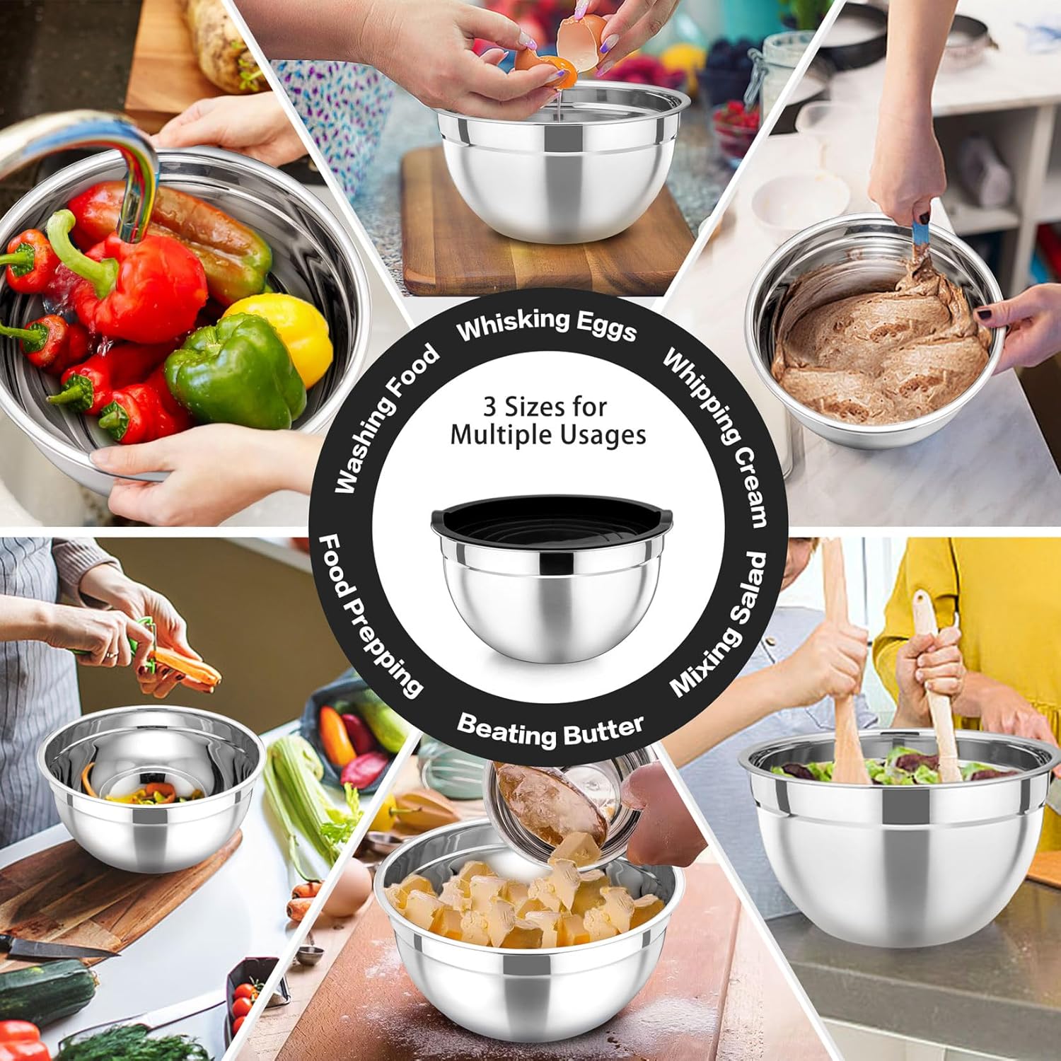 P&P CHEF Mixing Bowls Set - 3 Stainless Steel Bowls with Lids | Airtight & Stackable, 4.6/3/1.5 QT