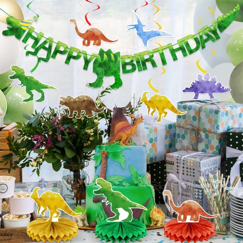 Pre-Strung Dinosaur Birthday Decorations - Dinosaur Happy Birthday Banner,Party Decorations for Boys Girls Kids,Dino Theme Hanging Swirl, Honeycomb Centerpiece Table Decor