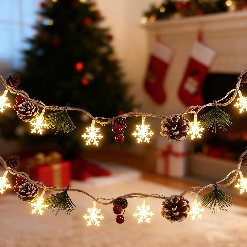 Christmas Garland with Snowflake Lights - 9.8 ft USB or Battery Powered with Pinecones & Red Berries